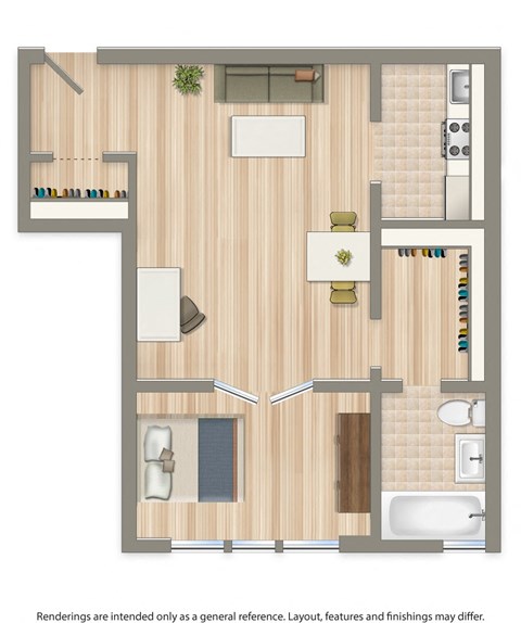 studio apartment floor plan rendering at eddystone apartments in washington dc
